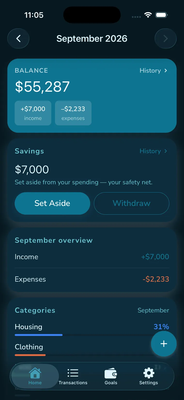 Flowalth dashboard — balance, savings reserve, monthly overview and spending by category