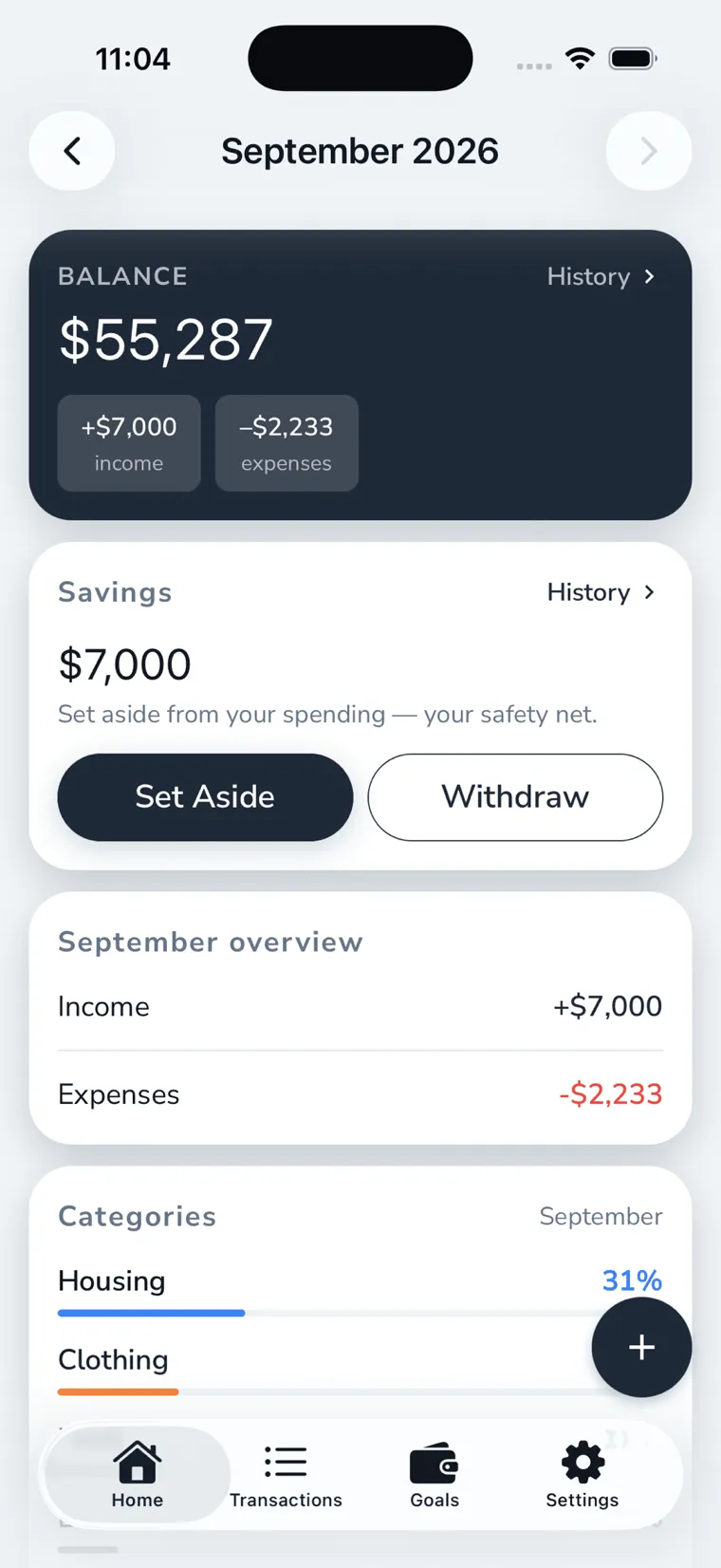 Flowalth dashboard — balance, savings reserve, monthly overview and spending by category